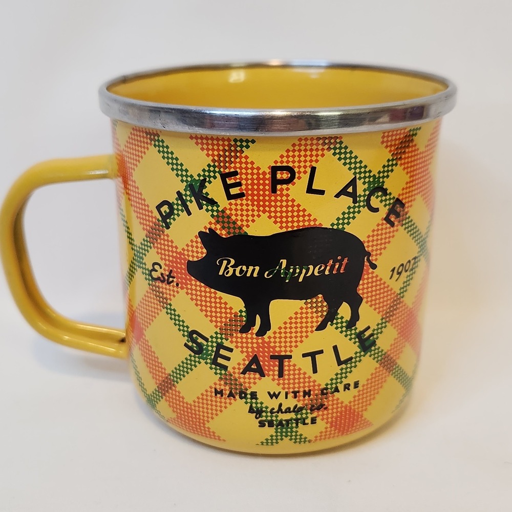 Chalo Pike Place Bon Appetit Coffee Cup Yellow Plaid Pig Decor